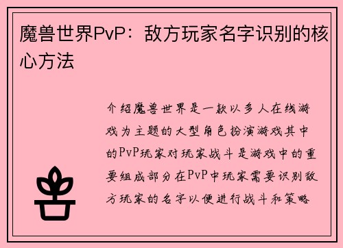 魔兽世界PvP：敌方玩家名字识别的核心方法
